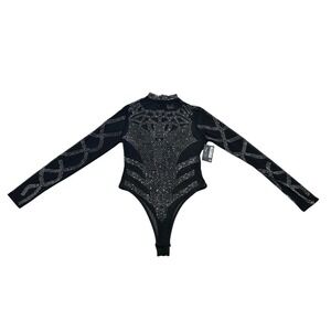 Spirit Halloween Black Mesh Rhinestone Long Sleeve Bodysuit Mock Neck Small NWT